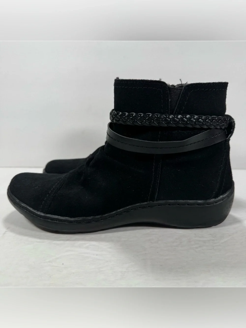 Clarks Collection Black Suede Leather Cora Braid Ankle Boots Women Size 6.5M